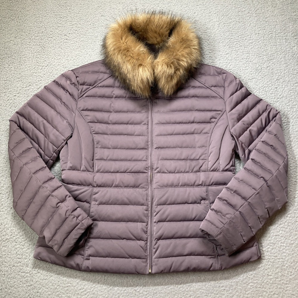 Hunter Down Puffer Jacket Womens XL Purple‎ Fur Trim Winter Parka Full Zip Coat